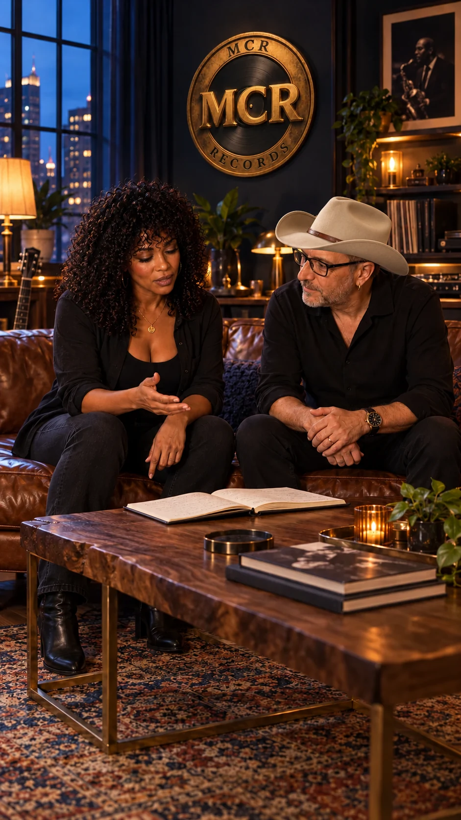 A quiet conversation on the studio couch